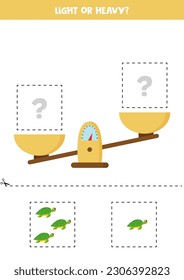 Light, heavy or equal. Educational worksheet with scales. Introduction of weight for kids.