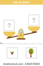 Light, heavy or equal. Educational worksheet with scales. Introduction of weight for kids.