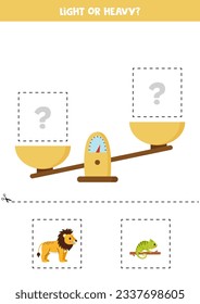 Light, heavy or equal. Educational worksheet with scales. Introduction of weight for kids.