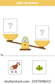 Light, heavy or equal. Educational worksheet with scales. Introduction of weight for kids.