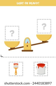 Light, heavy or equal. Educational worksheet with scales. Introduction of weight for kids.