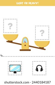 Light, heavy or equal. Educational worksheet with scales. Introduction of weight for kids.