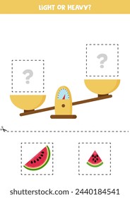 Light, heavy or equal. Educational worksheet with scales. Introduction of weight for kids.