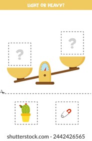 Light, heavy or equal. Educational worksheet with scales. Introduction of weight for kids.