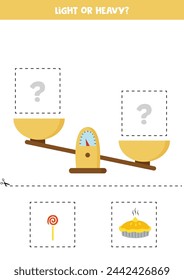 Light, heavy or equal. Educational worksheet with scales. Introduction of weight for kids.