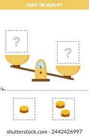 Light, heavy or equal. Educational worksheet with scales. Introduction of weight for kids.