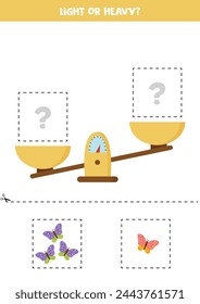 Light, heavy or equal. Educational worksheet with scales. Introduction of weight for kids.