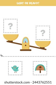 Light, heavy or equal. Educational worksheet with scales. Introduction of weight for kids.