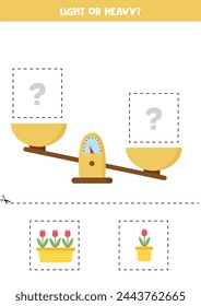 Light, heavy or equal. Educational worksheet with scales. Introduction of weight for kids.