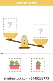 Light, heavy or equal. Educational worksheet with scales. Introduction of weight for kids.