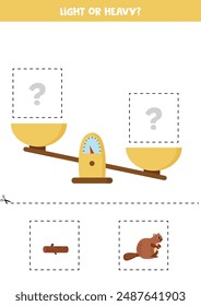 Light, heavy or equal. Educational worksheet with scales. Introduction of weight for kids.