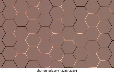 Light hexagonal technology vector abstract background. Light brown energy flashes under hexagon in futuristic modern technology background vector illustration. Brown honeycomb texture grid.