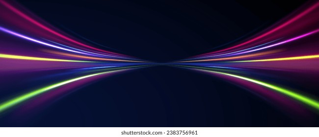 Light high speed zoom fast night background vector. Abstract background in blue, green, yellow and orange neon colors. 3D vibrant color motion blured light trails. Colored sparks of spiral wave.