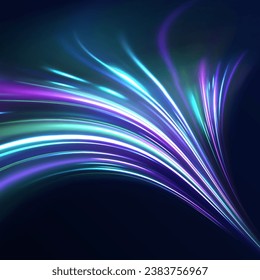 Light high speed zoom fast night background vector. Abstract background in blue, green, yellow and orange neon colors. 3D vibrant color motion blured light trails. Colored sparks of spiral wave.