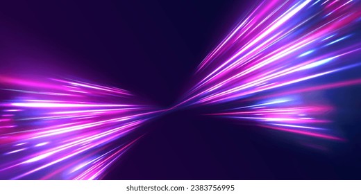 Light high speed zoom fast night background vector. Abstract background in blue, green, yellow and orange neon colors. 3D vibrant color motion blured light trails. Colored sparks of spiral wave.