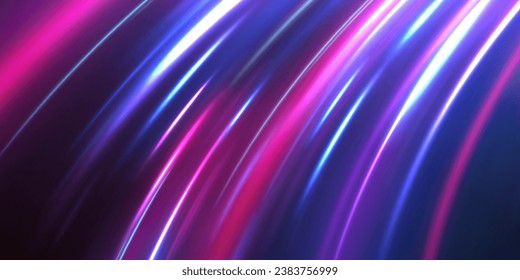 Light high speed zoom fast night background vector. Abstract background in blue, green, yellow and orange neon colors. 3D vibrant color motion blured light trails. Colored sparks of spiral wave.