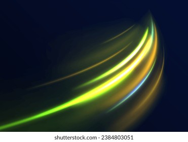 Heller Hochgeschwindigkeits-Zoom, schneller Nachthintergrund, Vektorgrafik. Abstrakter Hintergrund in den Farben Blau, Grün, Gelb und Orange. 3D lebhafte, unscharfe, farblich bewegte Lichtwege. Farbige Funken der Spiralwelle.