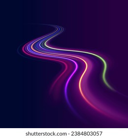 Light high speed zoom fast night background vector. Abstract background in blue, green, yellow and orange neon colors. 3D vibrant color motion blured light trails. Colored sparks of spiral wave.