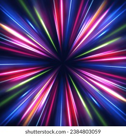 Vector de fondo nocturno rápido con zoom de alta velocidad ligero. Fondo abstracto en colores de neón azul, verde, amarillo y naranja. Caminos de luz azul en movimiento de color vibrante 3D. Chispas de color de la ola espiral.