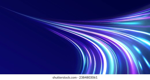 Light high speed zoom fast night background vector. Abstract background in blue, green, yellow and orange neon colors. 3D vibrant color motion blured light trails. Colored sparks of spiral wave.