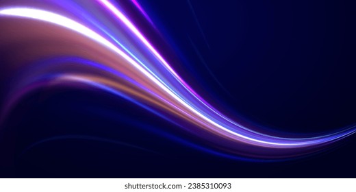 Vector de fondo nocturno rápido con zoom de alta velocidad ligero. Fondo abstracto en colores de neón azul, verde, amarillo y naranja. Caminos de luz azul en movimiento de color vibrante 3D. Chispas de color de la ola espiral.