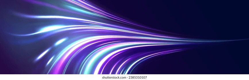 Vector de fondo nocturno rápido con zoom de alta velocidad ligero. Fondo abstracto en colores de neón azul, verde, amarillo y naranja. Caminos de luz azul en movimiento de color vibrante 3D. Chispas de color de la ola espiral.