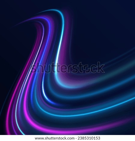 Light high speed zoom fast night background vector. Abstract background in blue, green, yellow and orange neon colors. 3D vibrant color motion blured light trails. Colored sparks of spiral wave.