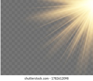 Light highlight yellow special effect with rays of light and magic sparkles. Sun. Vector transparent sunlight special lens flash light effect.front sun lens flash. Vector blur in the light of radiance