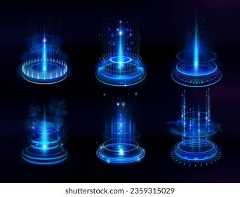 Light hologram. Magic game portals. Circle tech effect. Digital futuristic HUD. Sci-fi space teleports. Glowing blue podium. Teleportation tunnels. Vector abstract exact elements set