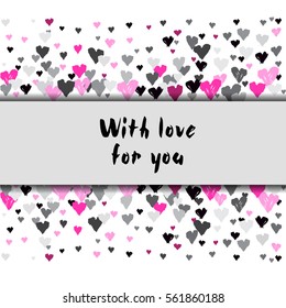 Light horizontal border banner with pink rose hearts confetti on white background. Romantic trendy heart frame. Valentines day design for love card, lover greetings. Vector illustration stock vector.