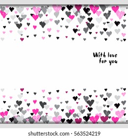 Light horizontal border banner with pink rose hearts confetti on white background. Romantic trendy heart frame. Valentine day design for love card, lover greetings. Vector illustration stock vector.