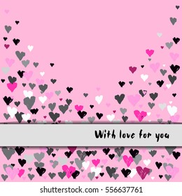 Light horizontal border banner with rose hearts confetti on pink background. Romantic trendy heart frame. Valentine day design for love card, lover greetings. Vector illustration stock vector