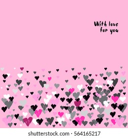 Light horizontal border frame with rose hearts confetti on pink background. Romantic trendy heart frame. Valentine day design for love card, lover greetings. Vector illustration stock vector.