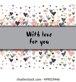 Light horizontal design with hearts confetti on white background. Romantic trendy heart frame. Valentine day design for love card, valentine day greetings. Vector illustration stock vector.