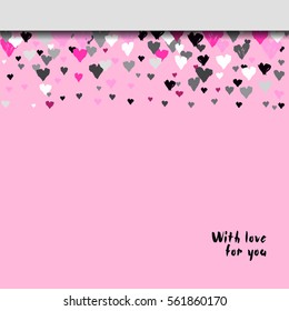 Light horizontal top border banner with rose hearts confetti on pink background. Romantic trendy heart frame. Valentine day design for love card, lover greetings. Vector illustration stock vector