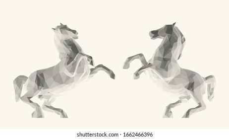 Light Horse. Set of Isolated White Horses on White Background. Low Poly Vector 3D Rendering