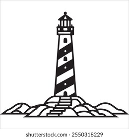 light house black and white vector,Black and white silhouette of a lighthouse,Different sea guiding light houses buildings,Searchlight tower icons,Black and white silhouette of a lighthouse