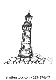 Light house building drawn above rocky seashore. Hand drawn rough pencil sketch lighthouse vector illustration art.