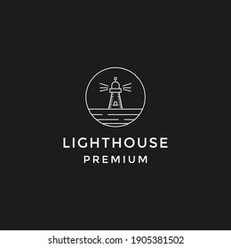 light house harbor line outline monoline logo design  in black background.