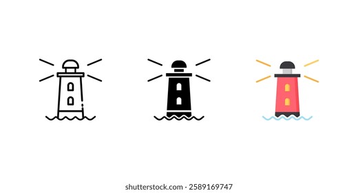 light house icon set. Linear, silhouette and flat styles are editable.