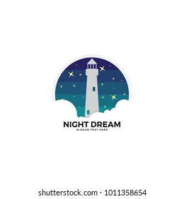 Light House illustration logo template. At night, flat style design.
