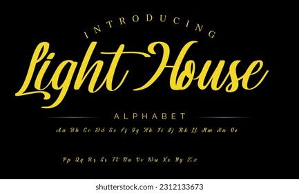 Light House Lettering signature font isolated on grey background. brus style alphabet. Vector logo letters.