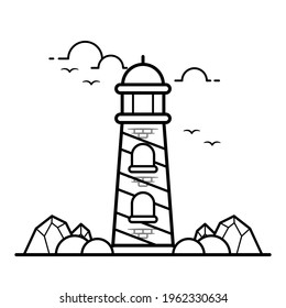 Light House for Navigation, Maritime, Signal, Security Coloring Book Vector Illustration.