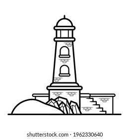 Light House for Navigation, Maritime, Signal, Security Coloring Book Vector Illustration.