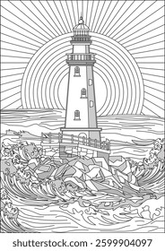 Light House Ocean Coloring Page For Adult