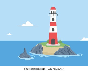 Light house on rocks at day. light tower
