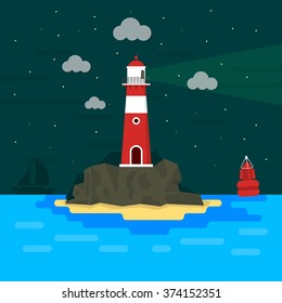 Light house on rocks at night / Flat design / Minimal island