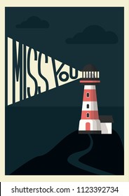 Light house postcard I miss you at night from the light of the lighthouse the word is written at night
