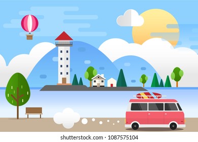 Light house in the Sea Landscape and Car Travel. Vector Illustration Flat Design Background