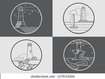 light house sea symbols linear on grey with black background  for day and night concept, vector illustration